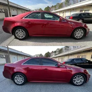 Red sedan shown before and after collision damage to the front end, parked outdoors in a lot.