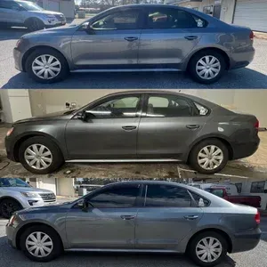 Three side-view photos of a gray sedan parked outdoors in different settings