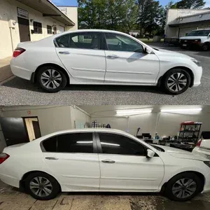 White sedan shown in side view, outdoors on top and inside a garage on bottom.