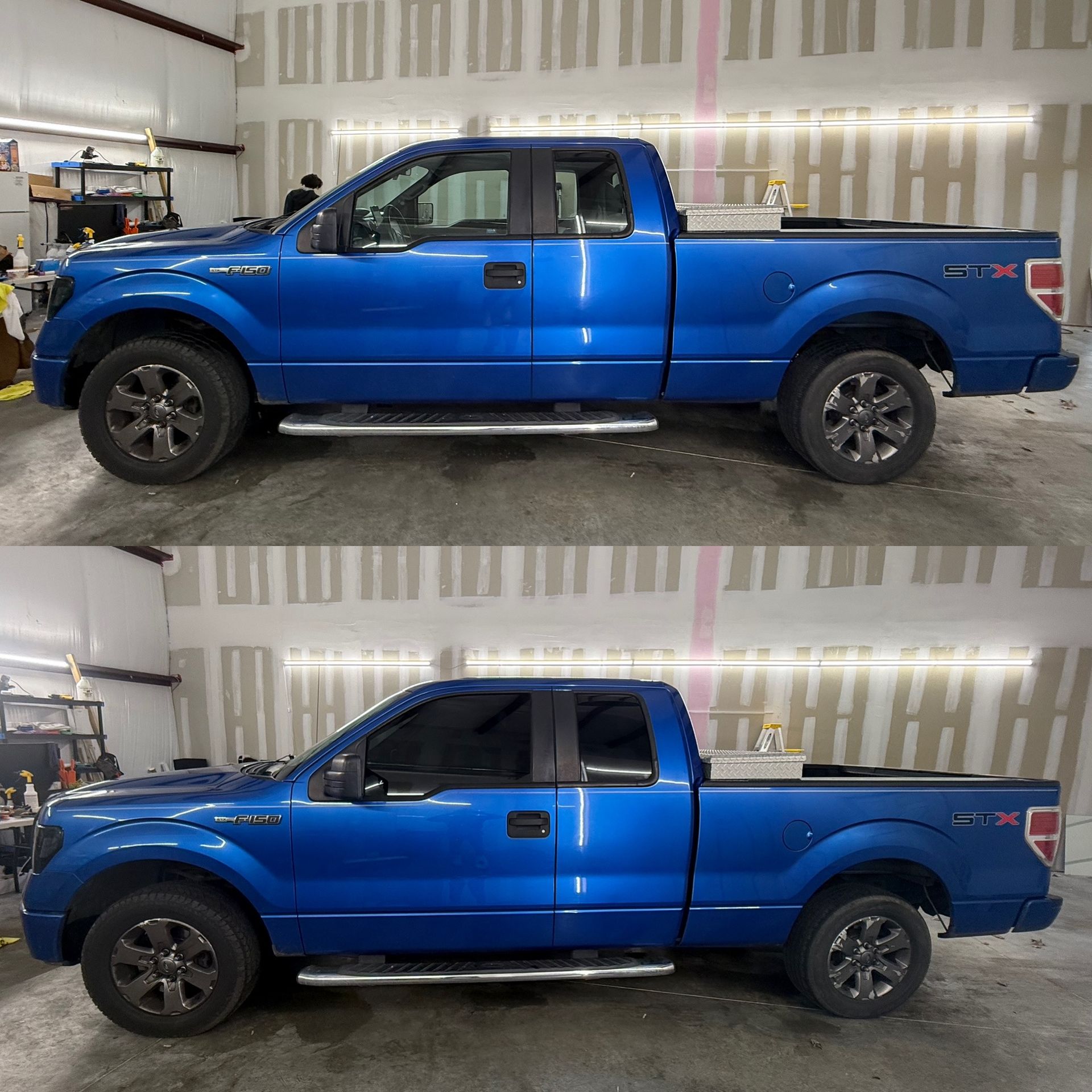 Blue pickup truck shown in side profile in a garage, duplicated in two stacked views.