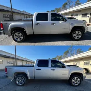 Silver pickup truck shown from the side in an outdoor parking lot, in two similar photos stacked vertically