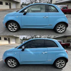 Blue compact car shown in side view, with a soft top up and down in two stacked photos.