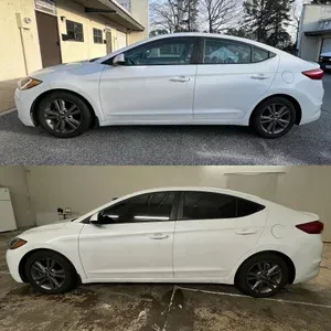 White sedan shown in two side-view photos, one outdoors and one in a garage.