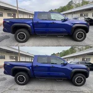 Blue pickup truck shown in side view in a parking lot, with two similar shots stacked vertically
