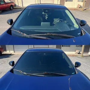 Front view of a blue car with a tinted windshield, shown in two stacked photos.