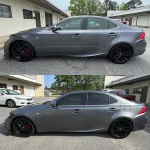 Gray sedan with black wheels shown in side profile, photographed in a driveway from two angles.