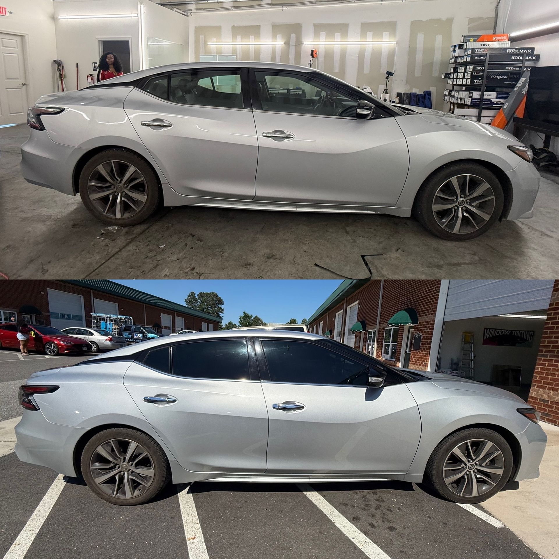 Silver sedan shown in a garage, with side views indoors and outdoors