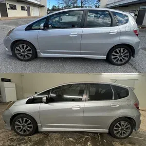 Two side-view photos of a silver hatchback car parked indoors and outdoors.