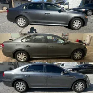 Three side-view photos of a gray sedan parked outdoors in a lot
