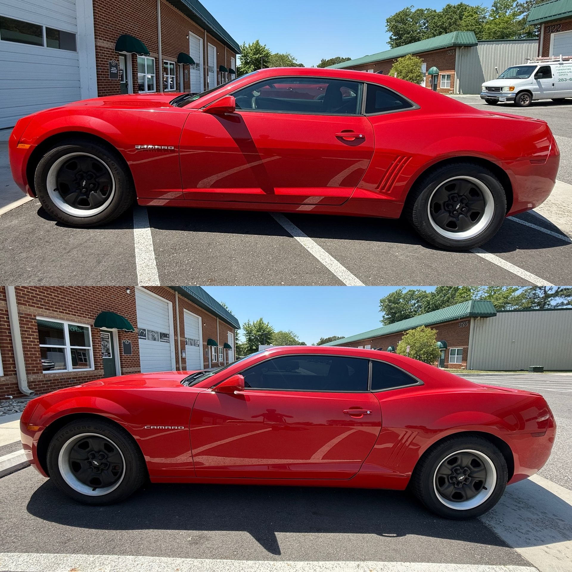 Red sports coupe shown from the side in a parking lot, with a low-profile body kit and black wheels.