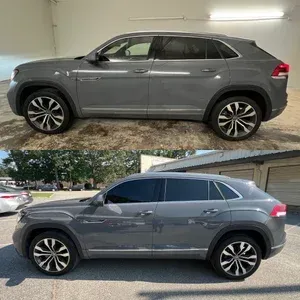 Gray compact SUV shown in side profile, indoors above and outdoors below.