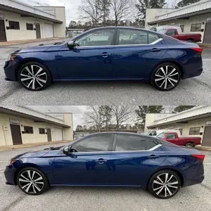 Blue sedan shown in two side views, comparing windows tinted and untinted in a parking lot.