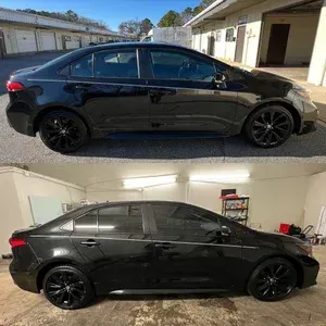 Black sedan shown outdoors and in a garage, side view comparison with black rims