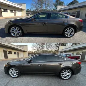 Two side-view photos of a dark gray sedan parked outdoors in a driveway.