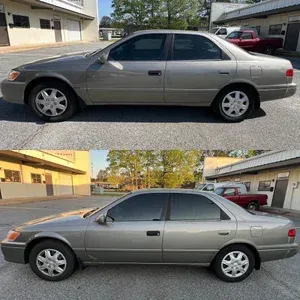 Side view of a gray sedan parked in a lot, shown in two different lighting conditions.