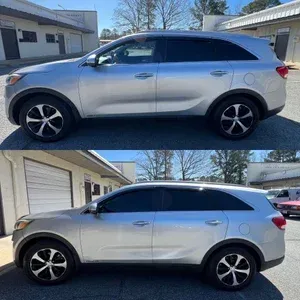 Silver SUV parked in a driveway, shown from the side in two similar photos.