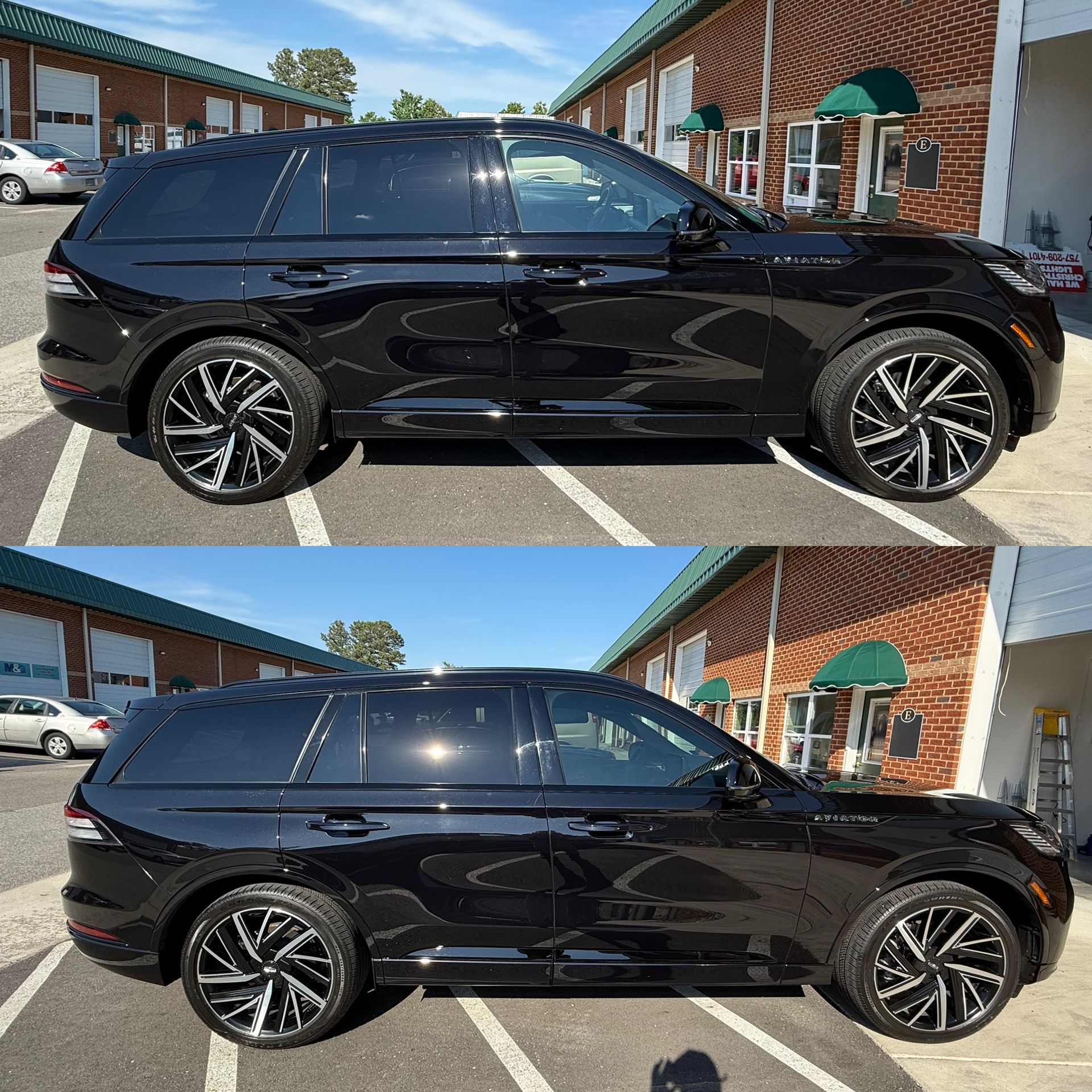 Black SUV parked beside brick buildings, shown in two side-by-side views.
