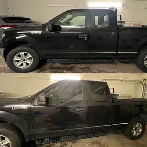 Black pickup truck shown in side view, with a second side-angle view below in an indoor garage
