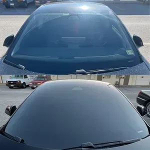 Split image showing a car windshield before and after tinting, with the lower view much darker