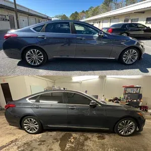 Side view of a dark gray sedan shown outdoors and indoors for comparison.