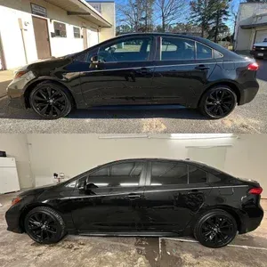Two side-view photos of a black sedan parked outdoors in daylight