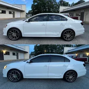 White sedan in profile on a street, shown in two side-by-side views with different window tints.