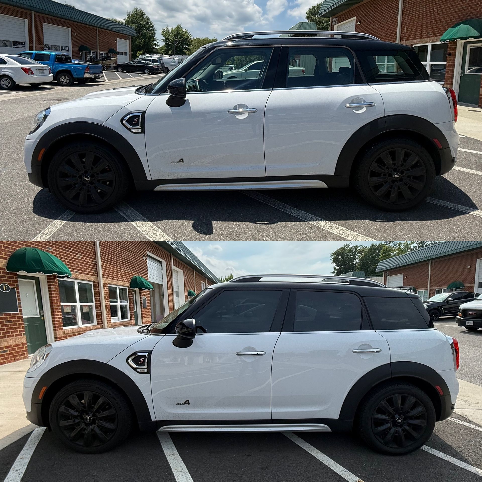 White Mini Cooper parked in a lot, shown from the side in two views with black roof and wheels