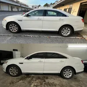 Side-view comparison of a white sedan parked in a driveway, shown in two similar photos stacked vertically.