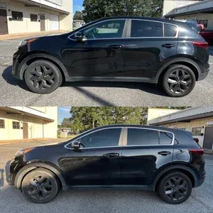 Side-by-side profile photos of a black SUV with black wheels in a parking lot.