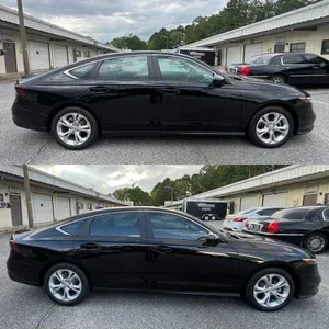 Side view of a black sedan shown in two parked photos outside a car lot under cloudy skies