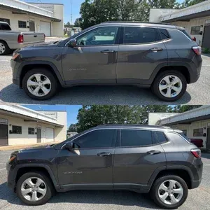 Gray SUV parked outside a building, shown from the side in two similar photos.
