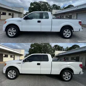 White pickup truck shown in two side-view photos parked outdoors by buildings