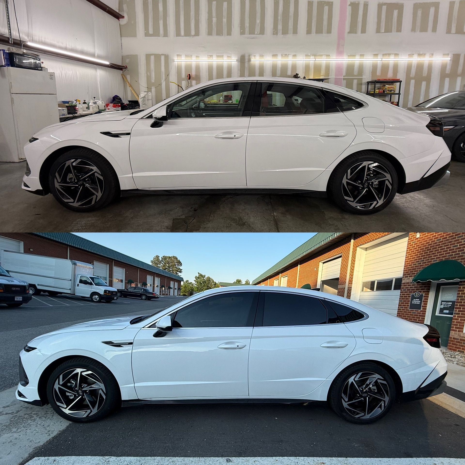 White Tesla sedan shown in side profile, indoors and outdoors for a before-and-after style comparison.