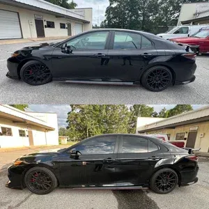 Black sedan shown in side view, two photos comparing its appearance in a residential driveway.