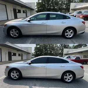 Side view of a silver sedan parked outside a building, shown in two stacked photos.
