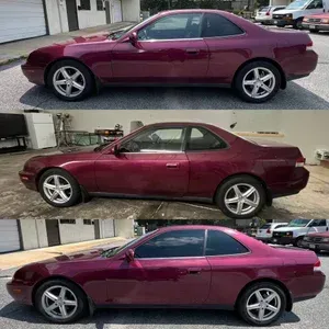 Three side-view photos of a maroon two-door coupe parked outdoors, showing its profile from different angles.