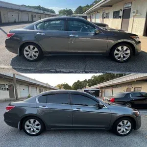 Two side-view photos of a gray sedan parked outdoors in a driveway.