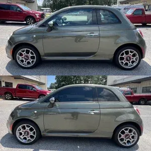 Side-view comparison of a gray Fiat 500 parked in a lot, shown in two stacked images.