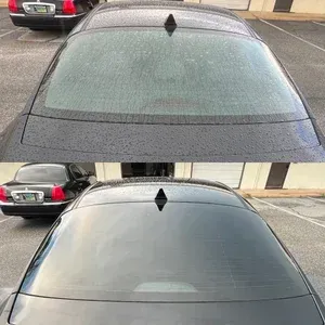 Rear view of a black car with a wet roof and rear window, shown in two stacked photos.