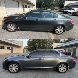 Black sedan shown from the side in two views, parked outside a building in daylight