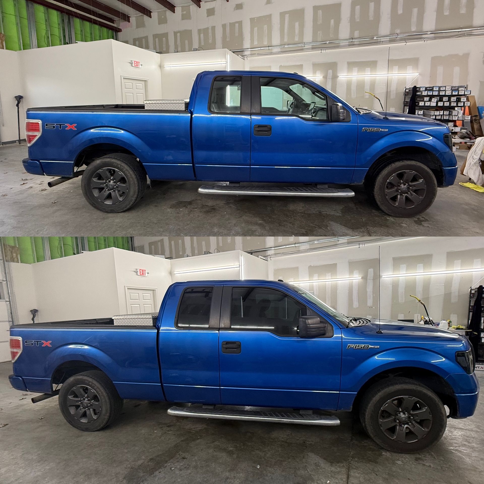 Blue pickup truck shown from two side views inside a garage or workshop.