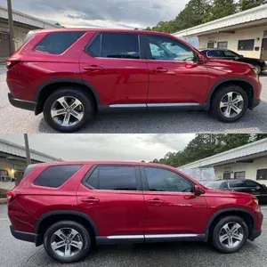 Red SUV shown in side profile, photographed twice in an outdoor parking lot.