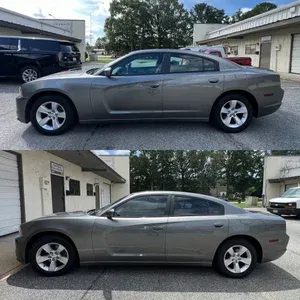 Side-view collage of a gray sedan parked outside a building, shown from two angles.