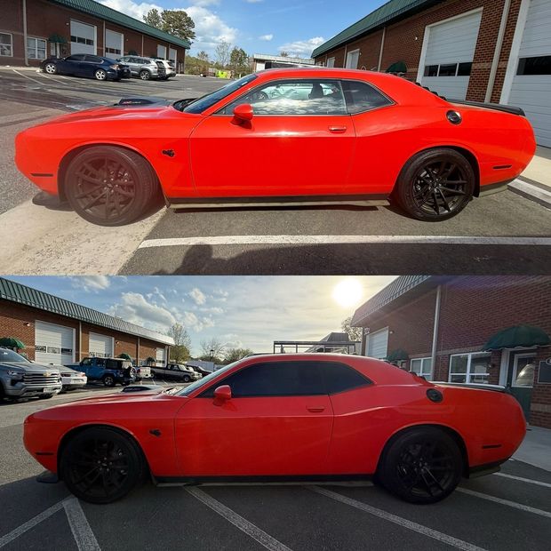 Red sports car parked in a lot, shown in bright daylight and sunset views.
