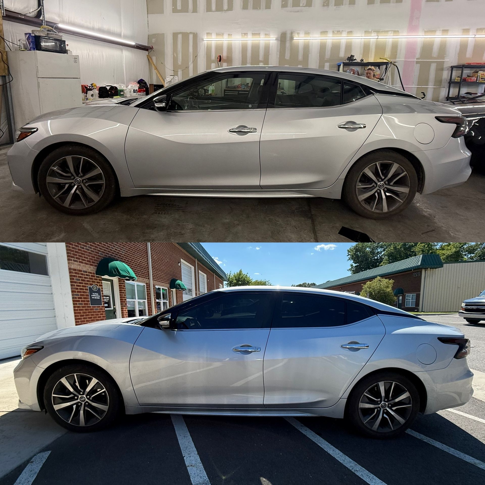 Silver sedan shown in side view indoors and outdoors, highlighting two different settings.