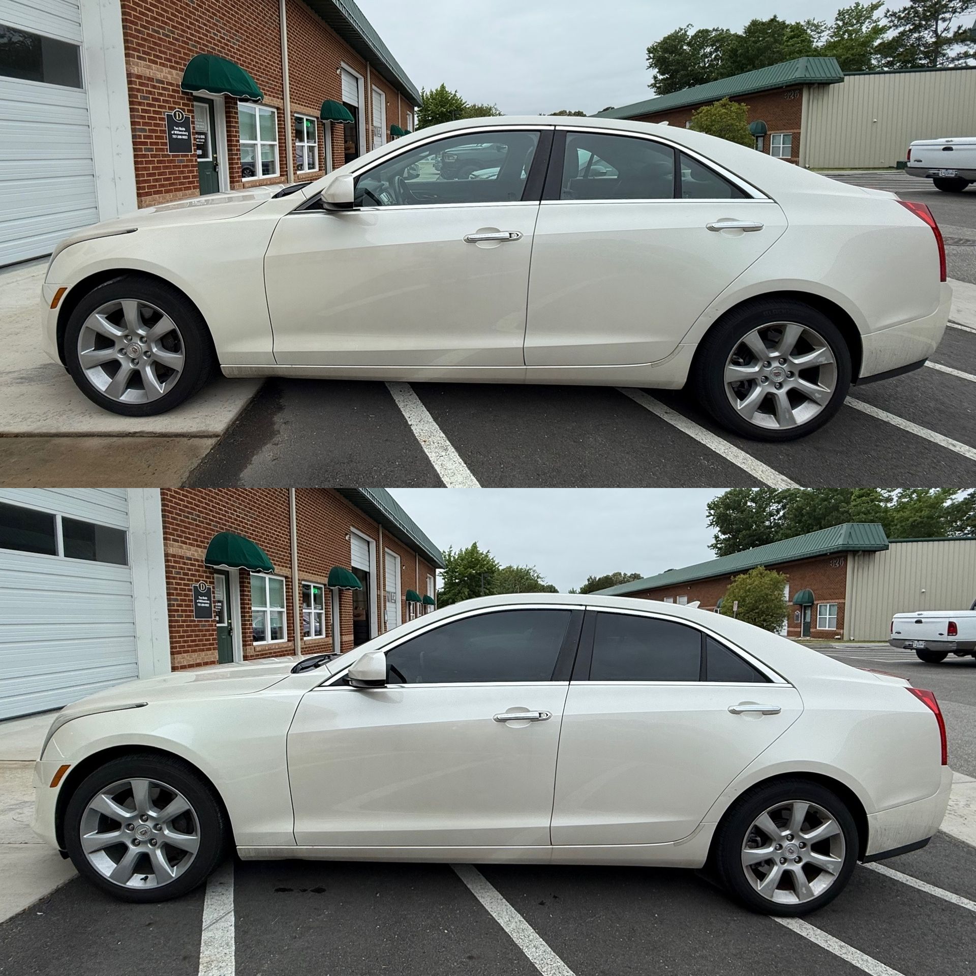 Side-view comparison of a beige sedan with windows tinted dark, parked beside a brick building.
