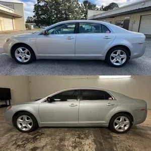 Silver sedan shown in side view in an outdoor lot and an indoor garage, comparison of two photos