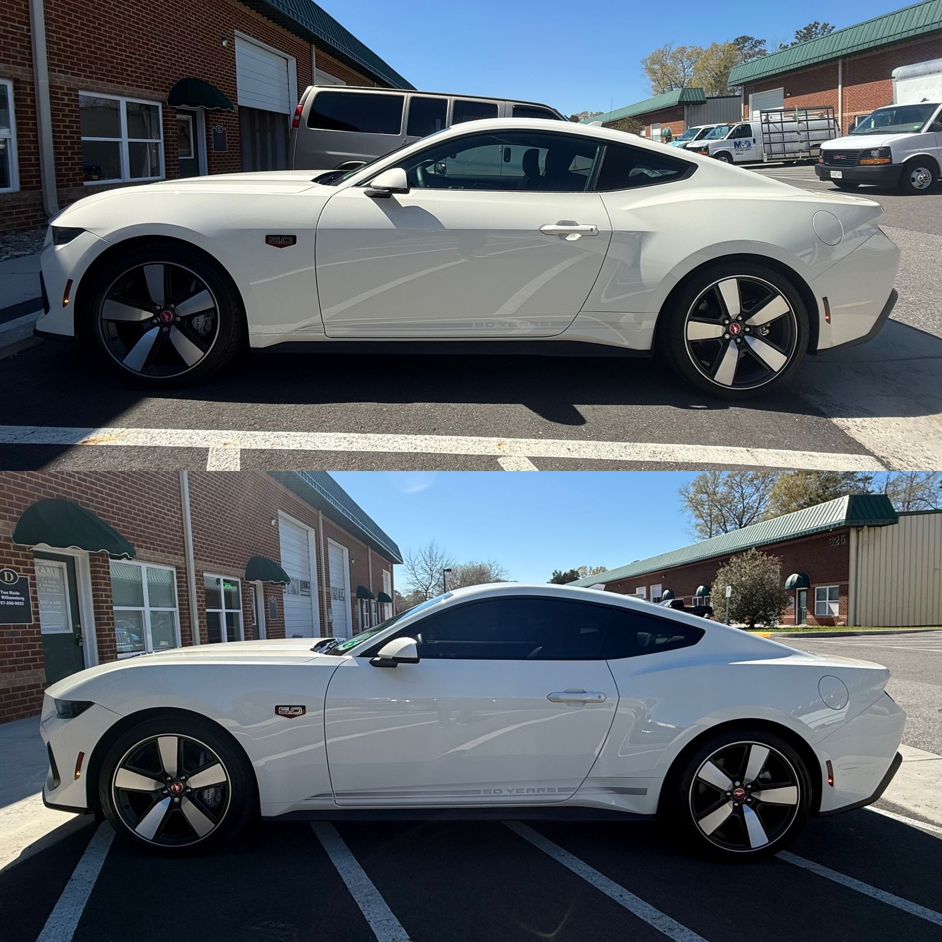 White sports coupe shown in side profile in a sunny parking lot, with two similar side-by-side views stacked vertically