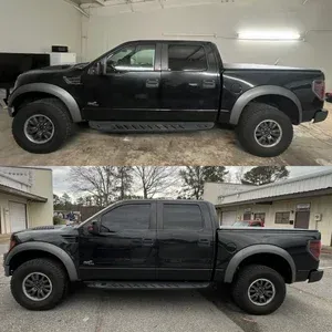 Black lifted pickup truck shown in side view outdoors, with before-and-after comparison on top and bottom
