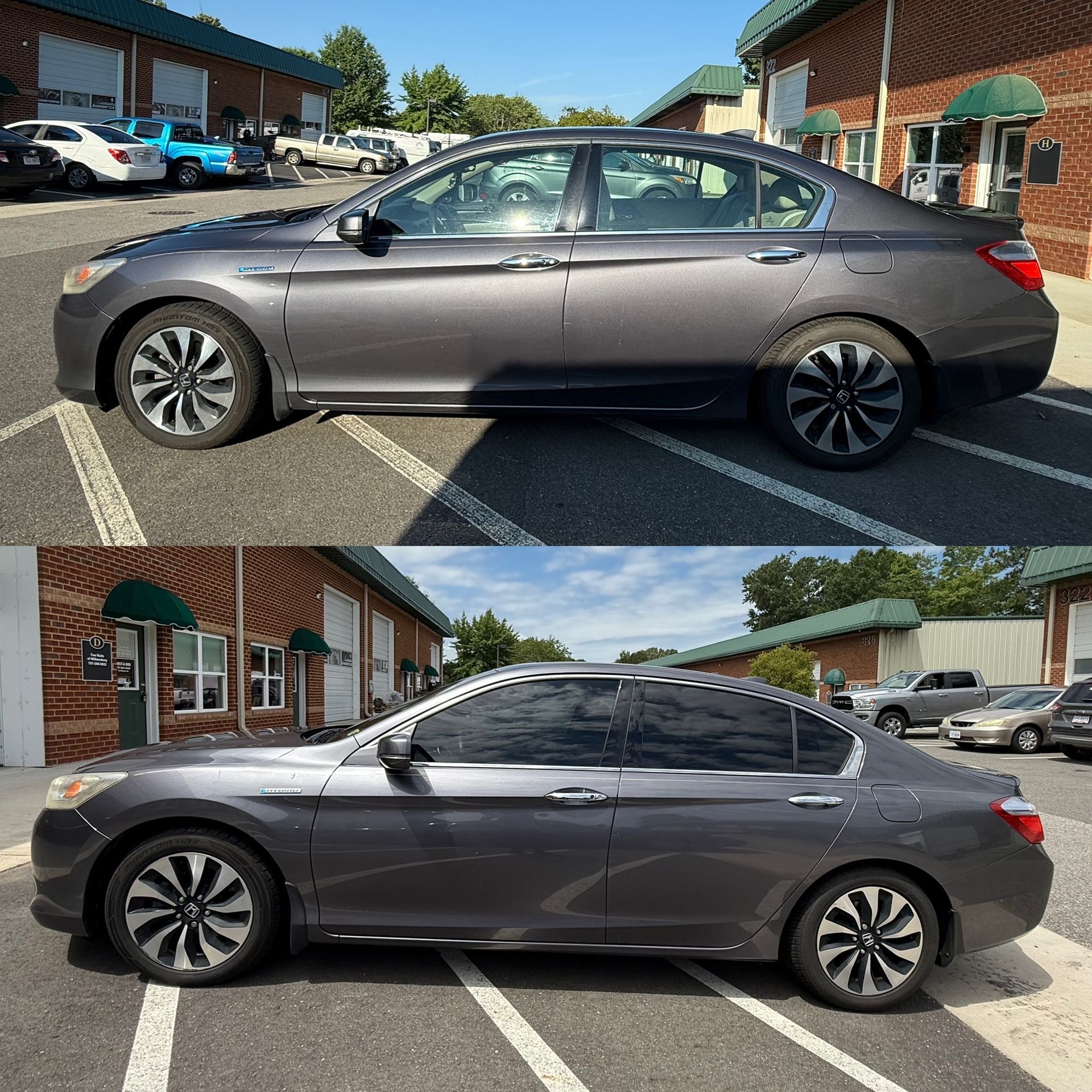 Gray sedan parked in a lot, shown from side views in front of brick buildings.